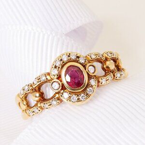 Vintage Ladies' 18kt Yellow Gold Ruby and Diamond Ring, Size 11, For Women